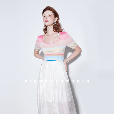 桑蚕丝莱赛尔撞色条纹针织上衣女