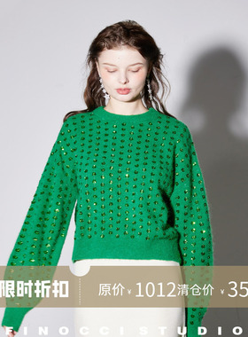 FINOCCI 秘鲁进口羊驼毛定染碧绿重工显白刺绣花朵奢侈感时髦毛衣