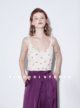 FINOCCI漂亮盛夏热辣亮片刺绣印花包边不扎松弛精致露背吊带上衣