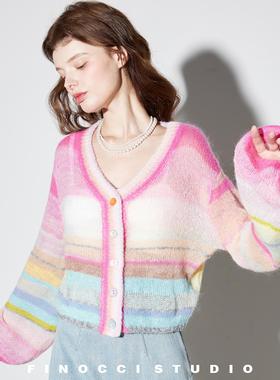 FINOCCI南非进口马海毛定染11色多巴胺纽扣灯笼袖毛开衫气质上衣