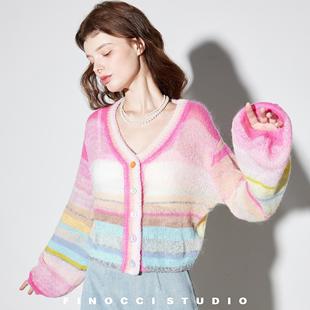 FINOCCI南非进口马海毛定染11色多巴胺纽扣灯笼袖 气质上衣 毛开衫