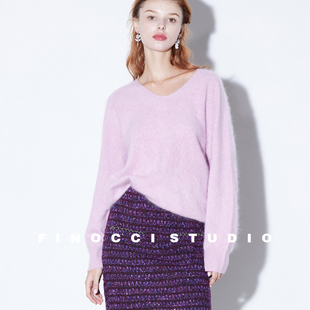 FINOCCI羊绒拉毛神仙色BI入云柔质感毛茸茸保暖显瘦V领内搭毛衣