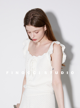 FINOCCI夏季新款全棉荷叶边菠萝针少女减龄针织上衣设计感小众