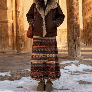 费尔岛摇粒绒半身裙女秋冬新款高腰下摆抽绳中长款裙子两穿灯笼裙