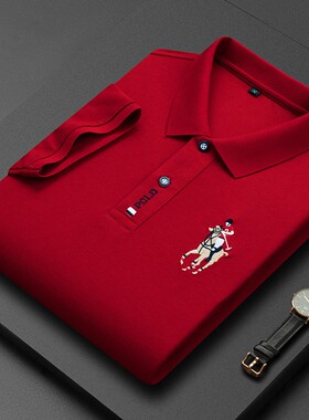 男士长袖POLO衫纯棉中年喜爸爸春秋装上衣服兔年红色本命年结婚宴
