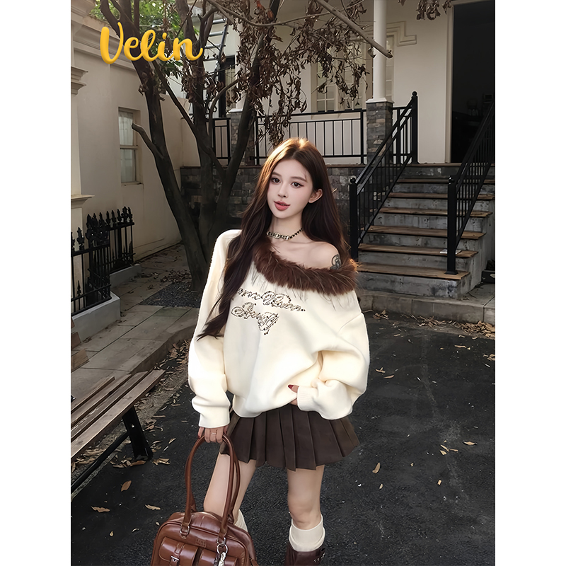 Velin 韩国博主同款复古烫钻斜肩毛领卫衣慵懒感宽松设计感小众