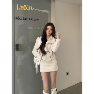 Velin 美式潮流翻领收腰羊羔毛夹克外套包臀短裙套装软糯时尚ins