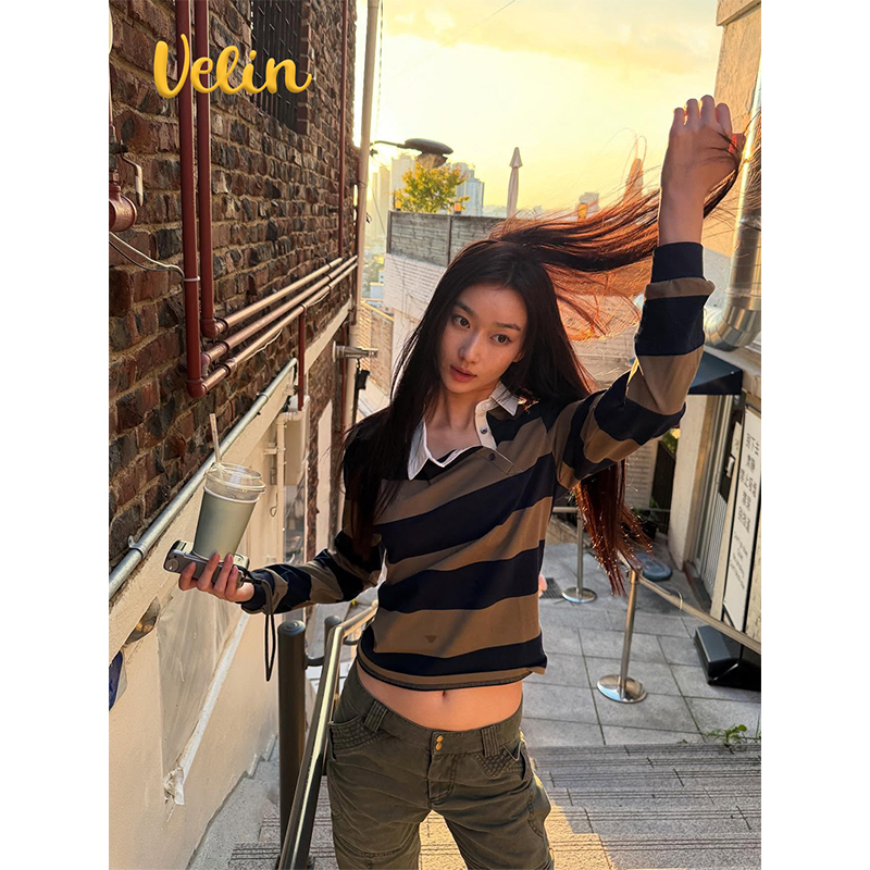 Velin 韩版棕黑宽条纹气质衬衫POLO领上衣小众宽松百搭休闲通勤女