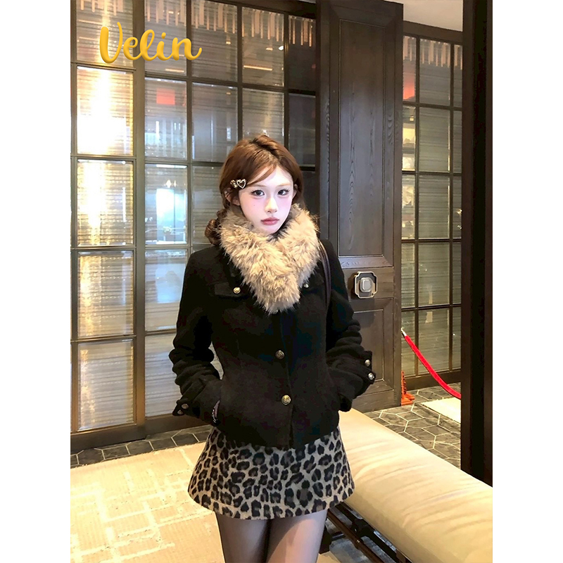 Velin 韩系高级感可拆卸毛领外套豹纹半裙套装收腰夹克辣妹气质