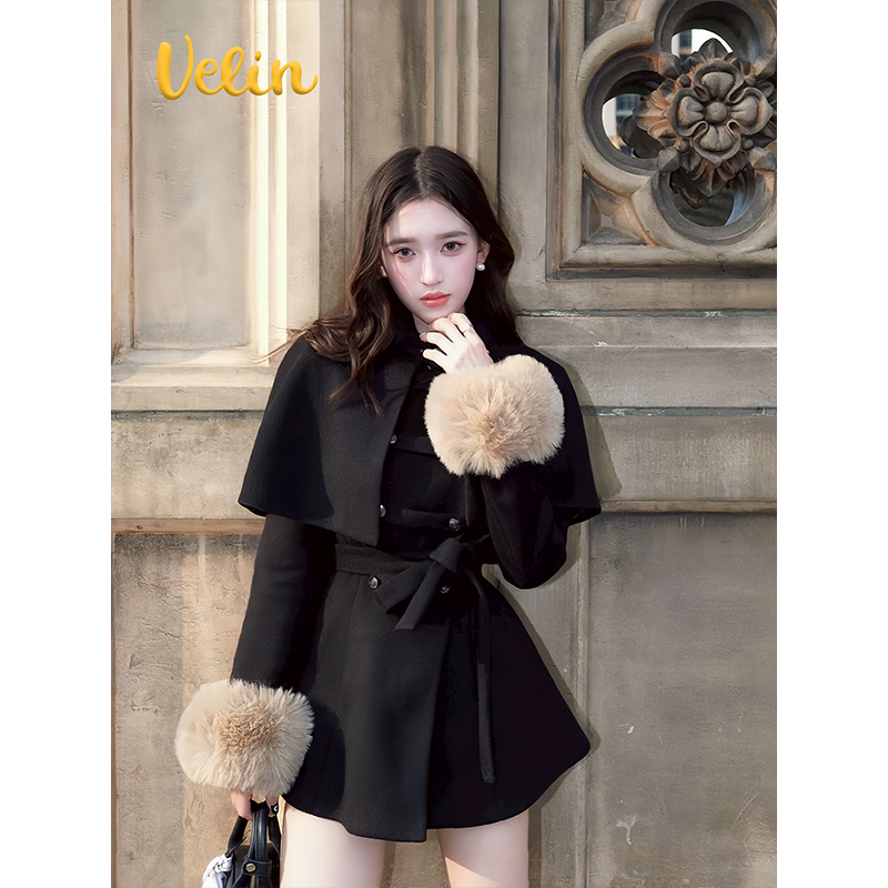 Velin 韩国博主同款千金感可拆卸斗篷收腰连衣裙毛绒设计感轻奢