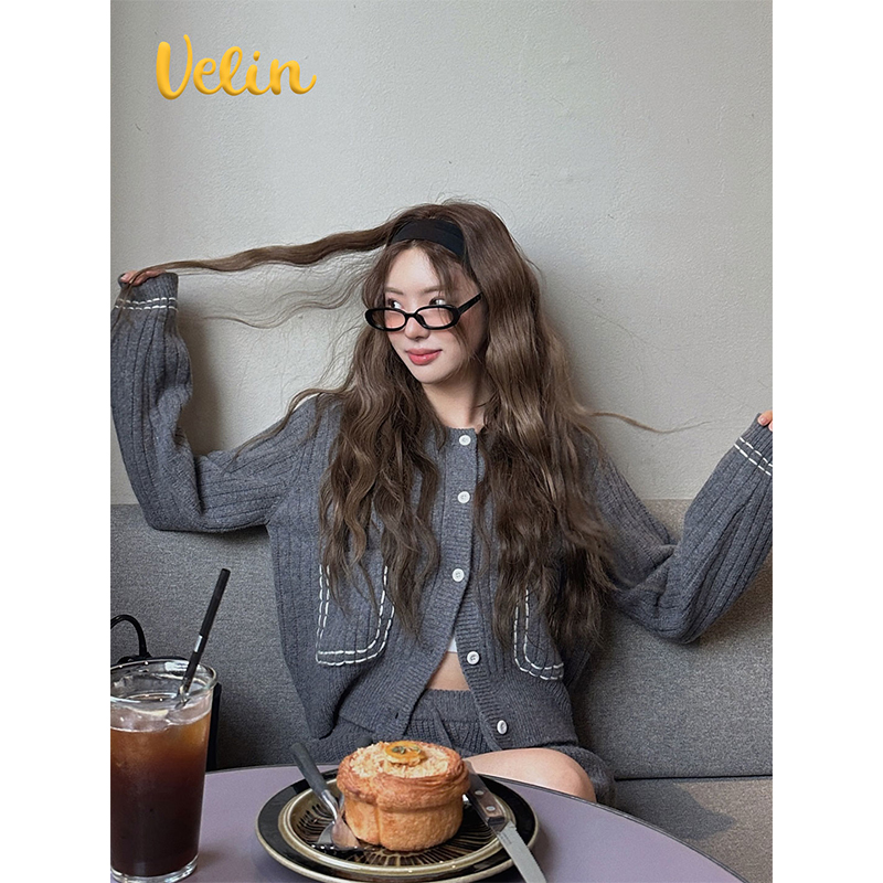 Velin 韩版休闲深灰色针织套装短款明线口袋开衫气质设计感百搭女