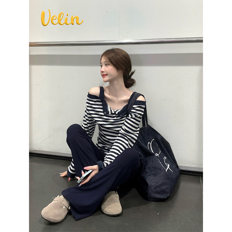 Velin 韩系新款黑白撞色条纹露肩一字领长袖T恤设计感宽松内搭女