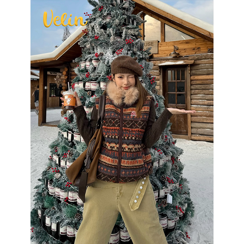 Velin 美式复古毛领费尔岛提花羊羔绒马甲棕色开衫套装氛围感保暖