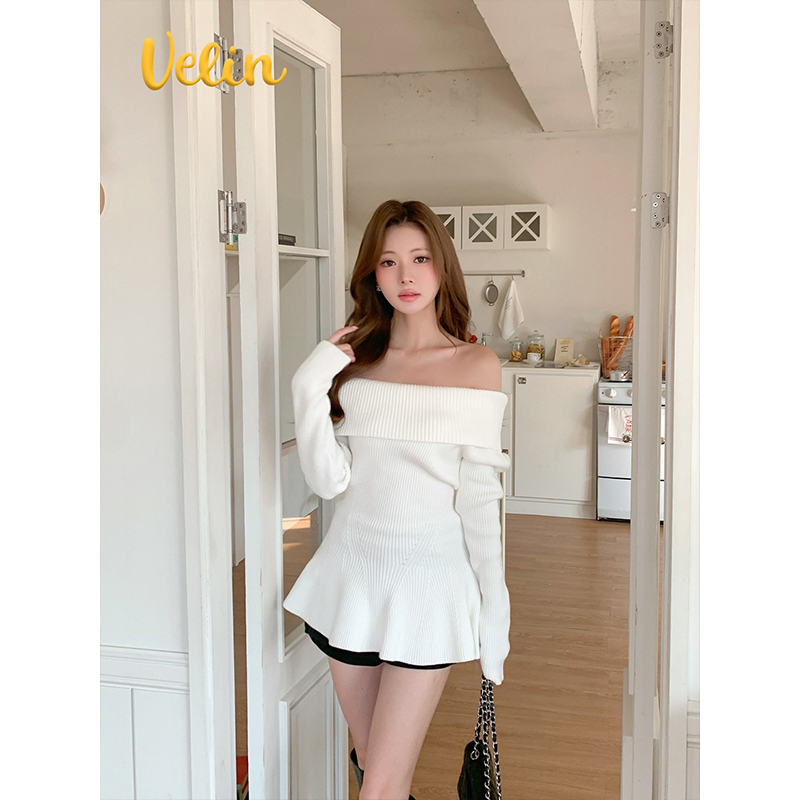 Velin 韩版慵懒感绝美白色一字肩针织上衣打底温柔感收腰气质优雅