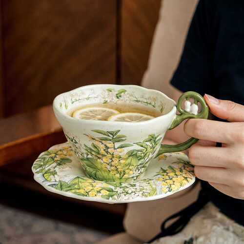 泼墨油画风铃花咖啡杯碟套装高档精致高颜值下午茶杯子陶瓷拿铁杯