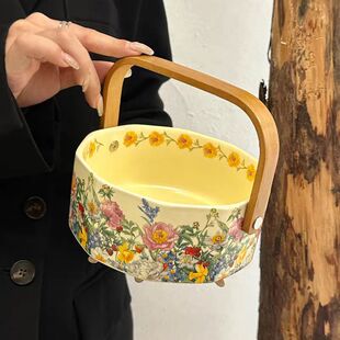 中古风繁花水果盘家用客厅茶几陶瓷手提篮干果盘零食摆放盘伴手礼