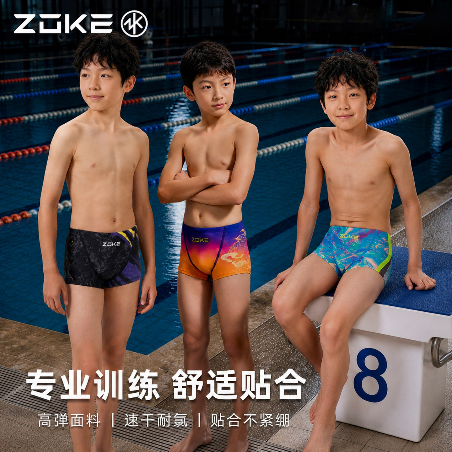 洲克儿童平角泳裤男童新款专业训练青少年游泳速干男孩比赛游泳裤
