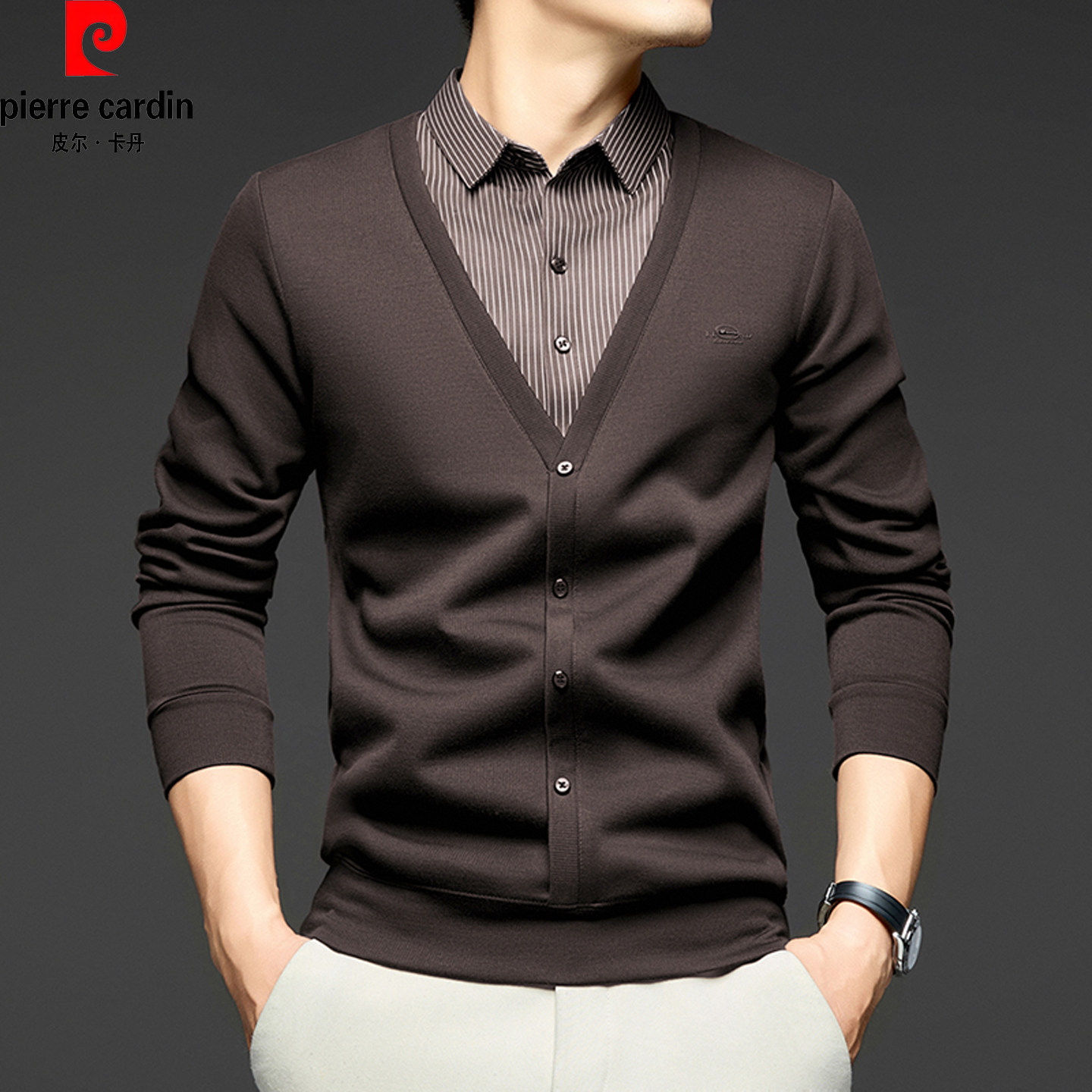 皮尔卡丹长袖t恤男士新款衬衫领假两件毛衣中年羊毛针织衫爸爸装