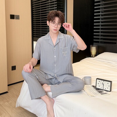 男士天丝麻睡衣套装 夏季翻领开衫薄款透气家居服