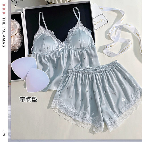 夏季新款女士吊带睡衣套装烫银真丝吊带短裤居家舒适睡衣两件套