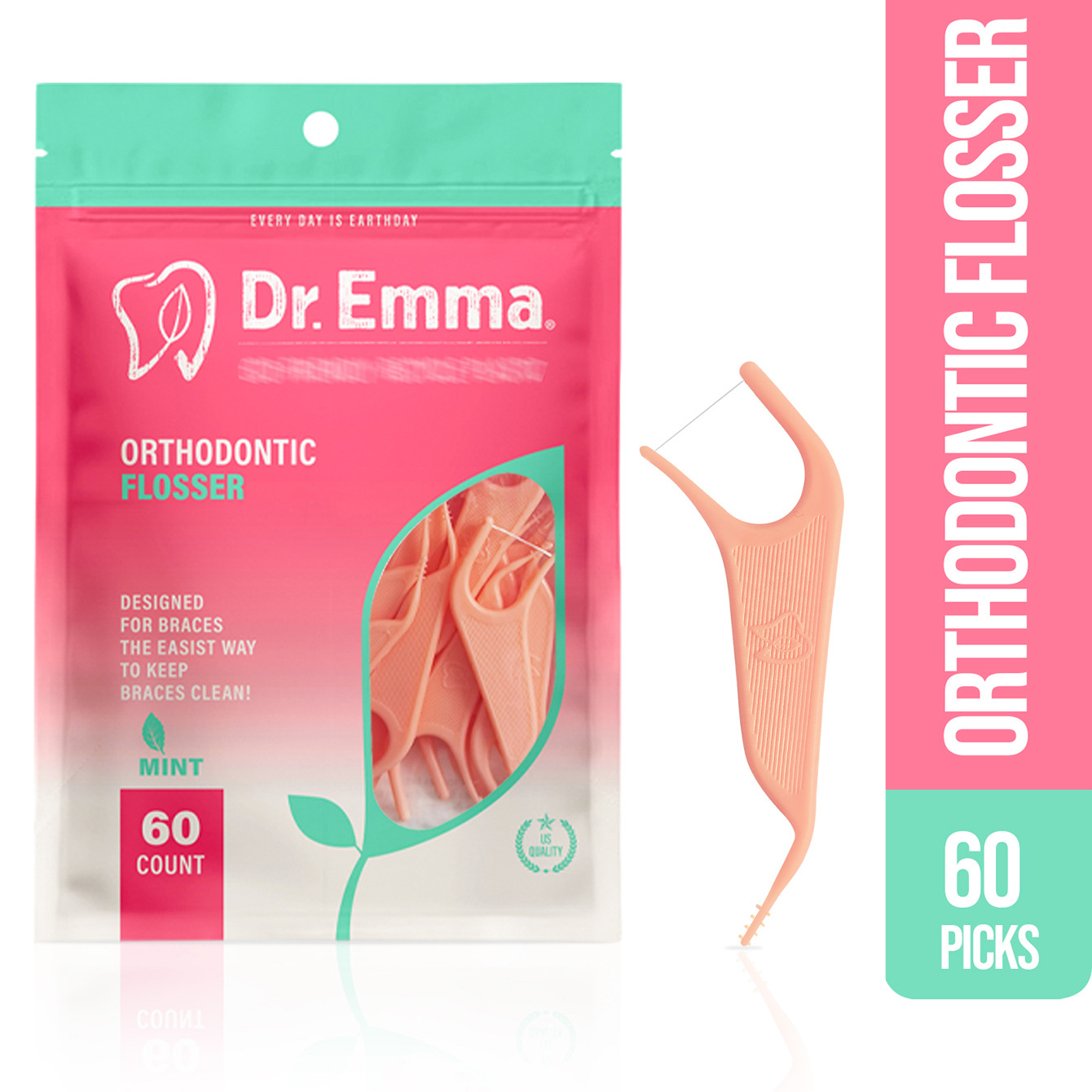 正畸牙线棒带毛刷二合一牙缝刷齿间刷带尾刷毛外贸英文出口跨境