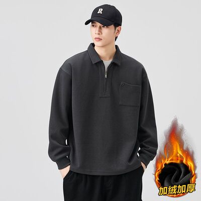 新款保暖加绒加厚翻领长袖T恤男
