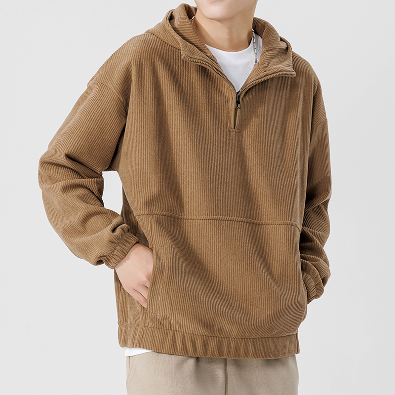 360G重磅灯芯绒连帽卫衣男士秋季2025新款宽松半拉链保暖外套上衣