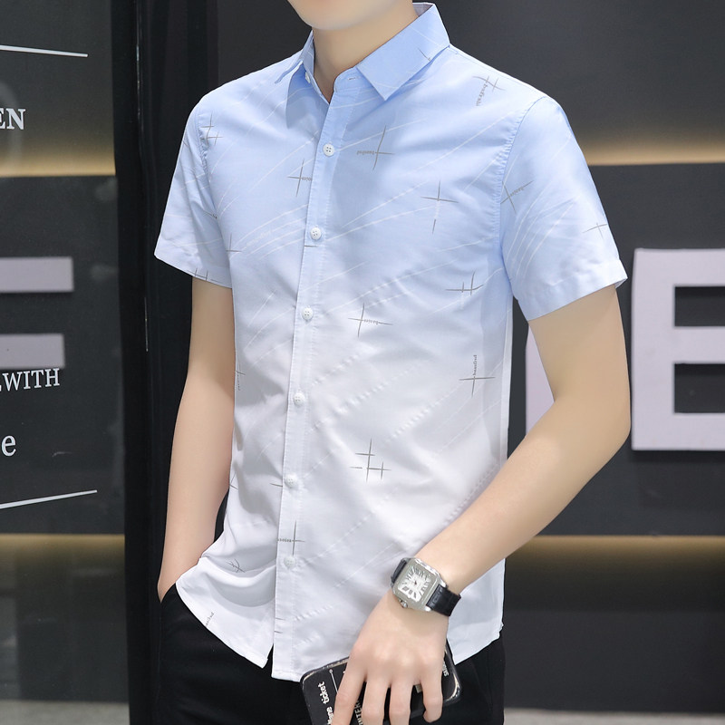 男士夏装短袖衬衫韩版修身薄款翻领衬衣年轻人痞帅渐变色洋气寸衫