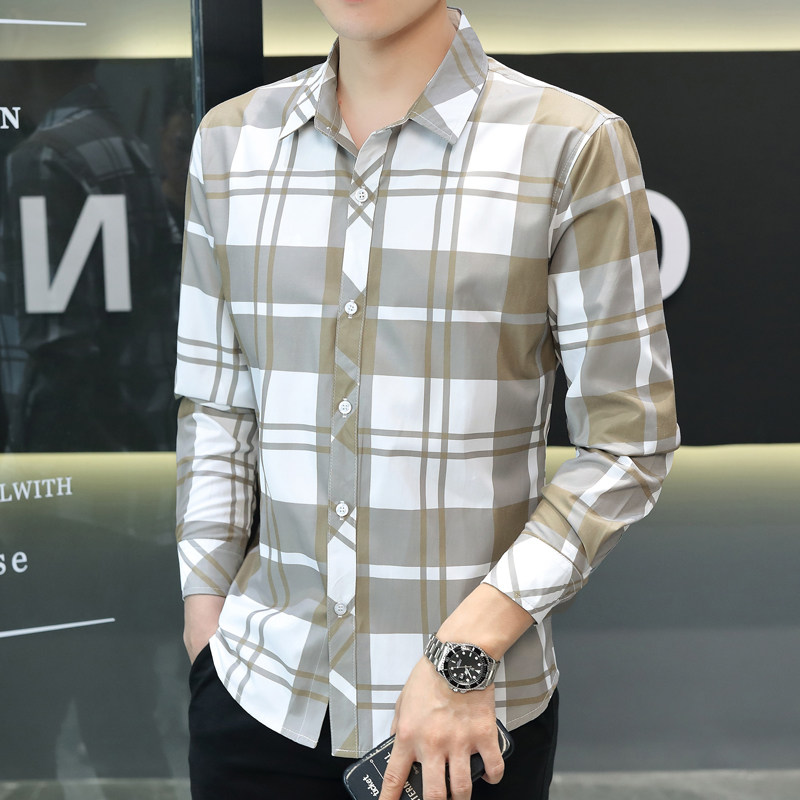 格子衬衫男士款春秋季潮流韩版修身百搭长袖衬衣休闲上装衣服外套,男装,衬衫,淘宝优惠券,粉丝福利购,淘宝优惠卷
