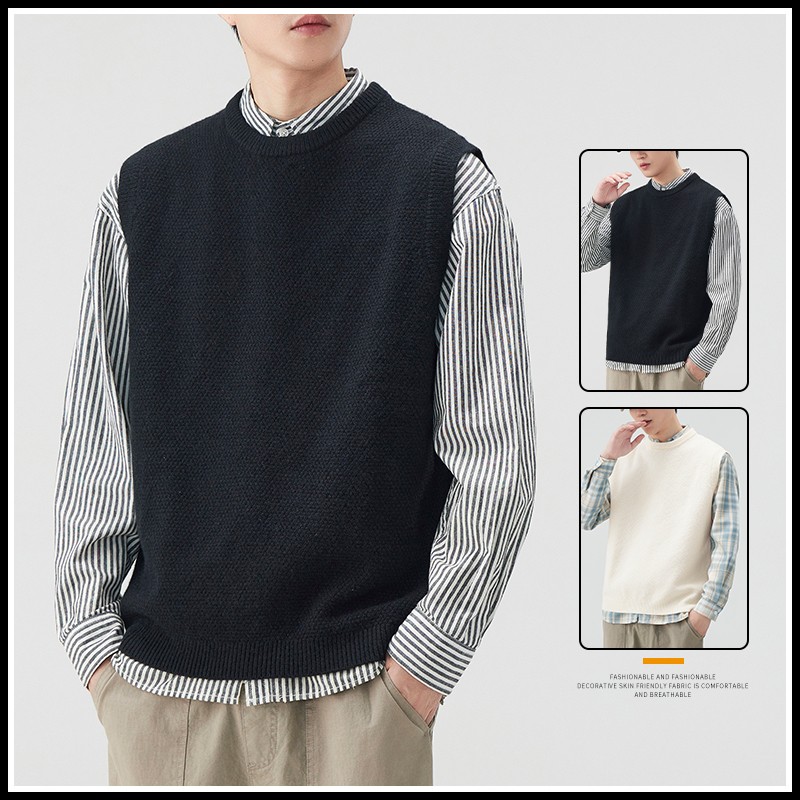 日系针织毛衣男生春秋季外穿保暖内搭打底衫宽松无袖毛线背心马甲