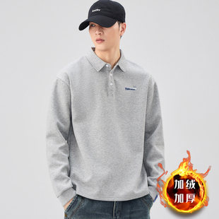 日系polo衫长袖T恤加绒翻领重磅卫衣男士ins秋季秋装潮牌美式外套