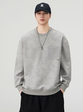 潮牌圆领卫衣男士2026春秋新款宽松休闲百搭长袖体恤灰色套头上衣