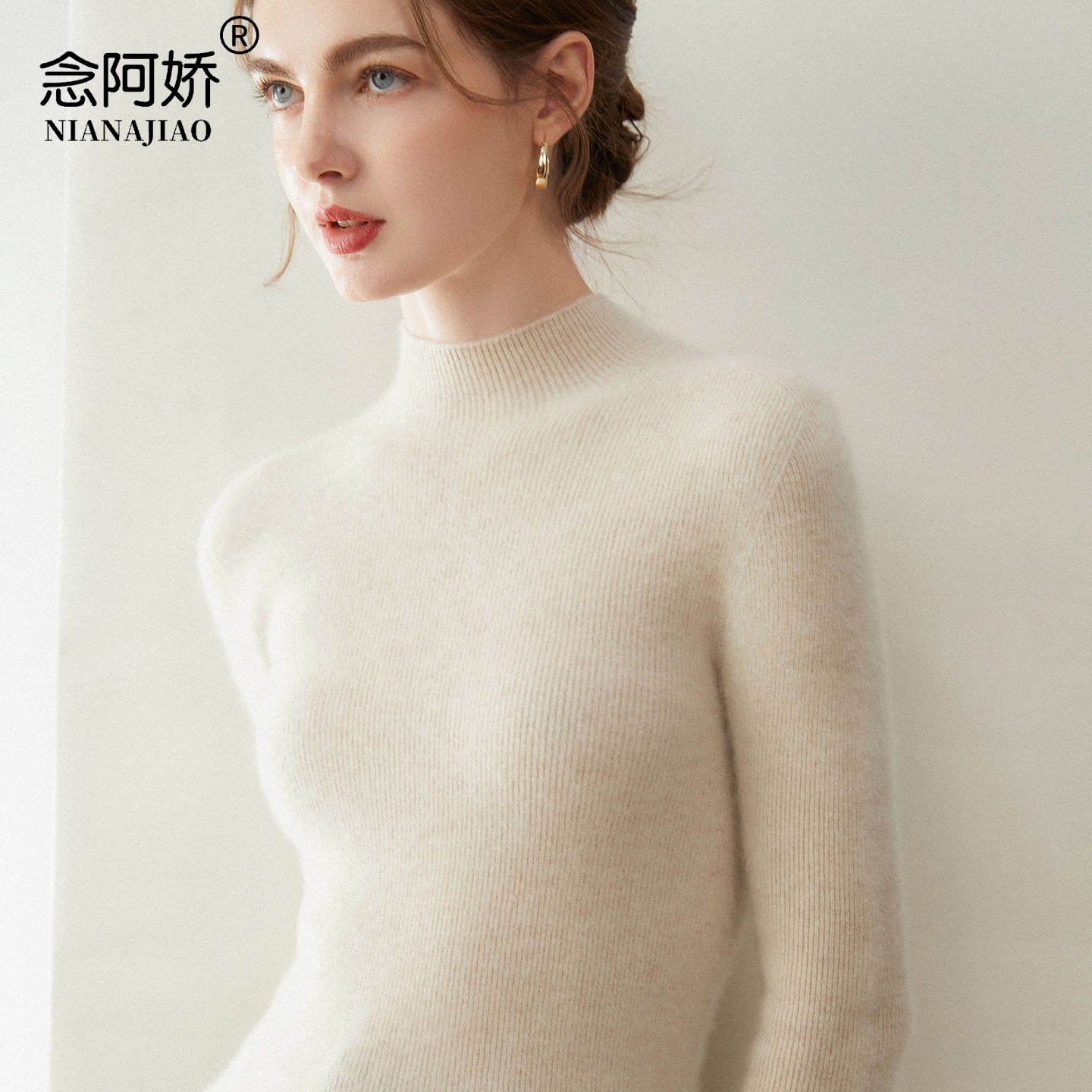 秋冬新款100%山羊绒山女半高领修身百搭套头毛衣抽条长袖打底针织