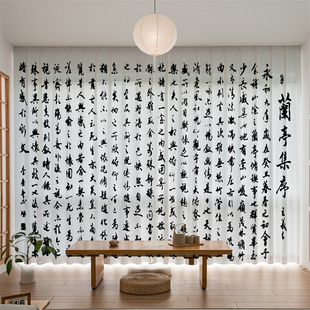 工作室背景纱幔文字画书房透光不透人纱帘 中国古风书法窗帘新中式