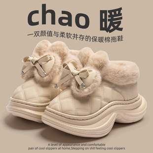 蝴蝶结加绒保暖棉鞋 厚底包跟外穿棉拖鞋 时尚 新款 防水雪地靴 女冬季