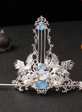 淡蓝色琉璃发冠铜保色素雅古典汉服宋制明制头饰