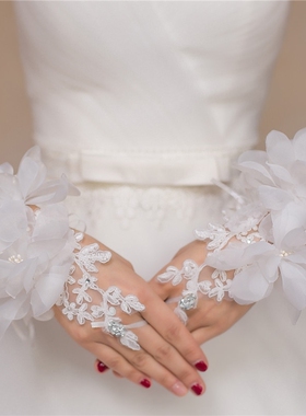 梦幻花朵公主手套女童礼服手腕花花童配饰儿童表演半指蕾丝薄红白