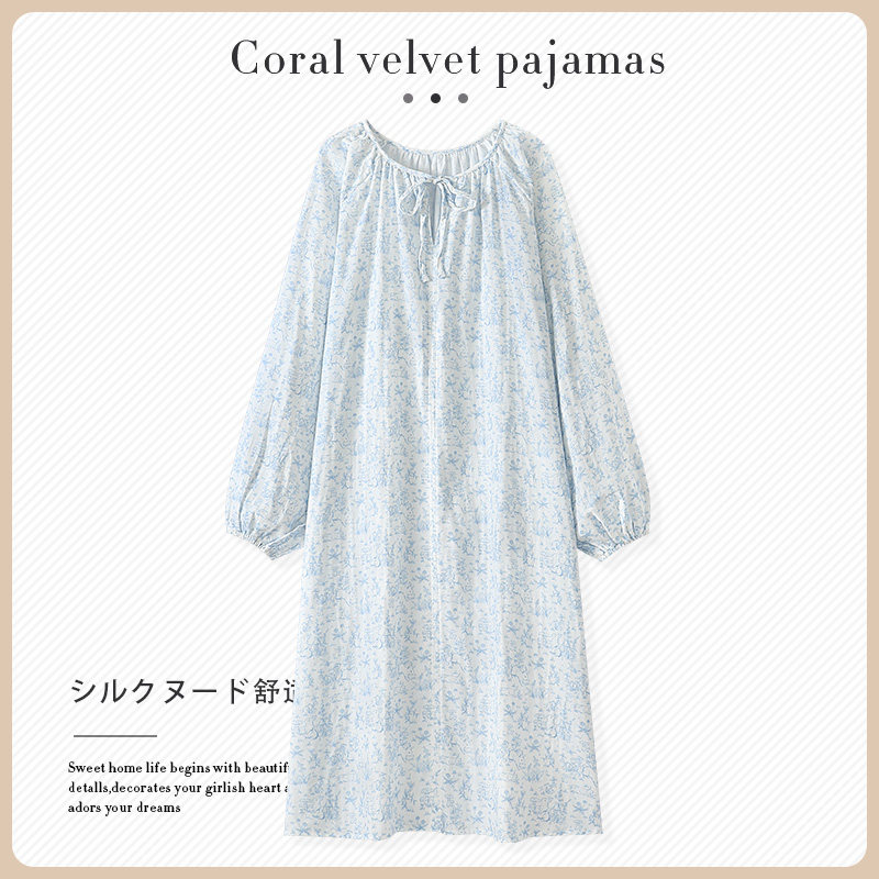 可爱兔子睡裙女春秋季纯棉双层纱布长袖田园风睡衣宽松长款家居服