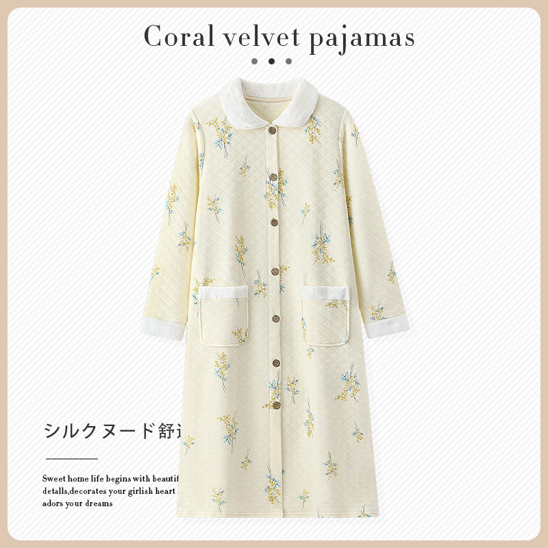 空气棉睡裙女秋冬季夹层加厚保暖纯棉长袖冬天长款睡衣裙子家居服