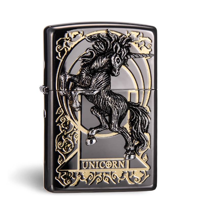 zippo 打火機zippo正版 防風 打火機 煤油日版黑冰金色獨角獸貼章