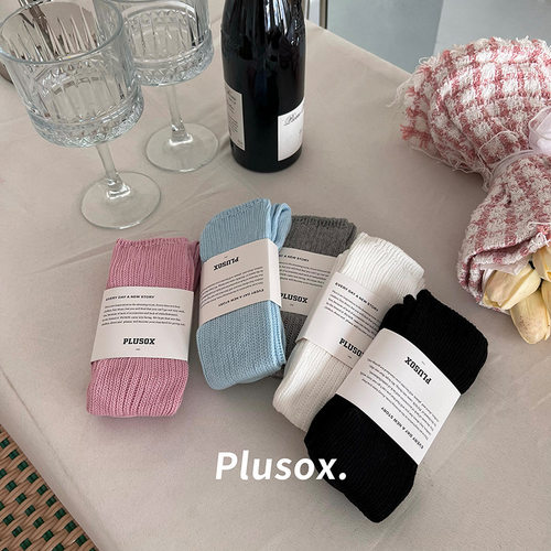 plusox春秋新款纯色及膝袜小腿袜加厚甜美双针堆堆袜子透气长筒袜