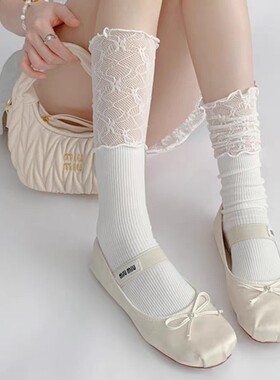 蕾丝花边袜子中筒拼接木耳边白色堆堆袜两穿女春秋洛丽塔jk小腿袜