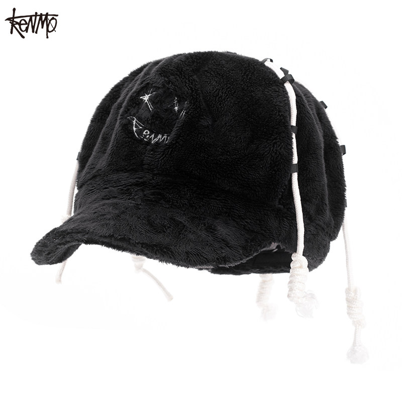 肯默(KENMO)秋冬绒毛贝雷帽保暖绑绳八角帽个性搞怪笑脸logo帽子