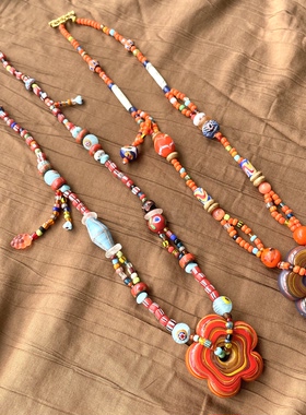多巴胺亮色撞色设计进口琉璃花串珠项链小众单品