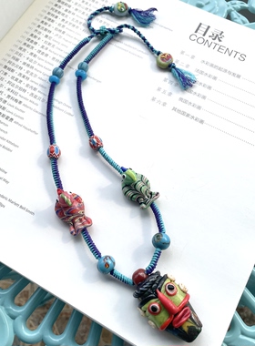 小鸟守护神腓尼基琉璃人面娃娃吊坠编绳小众度假项链