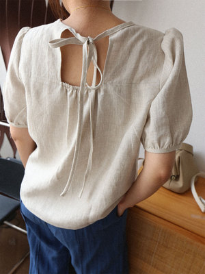 法式慵懒短袖纯亚麻上衣娃娃衫