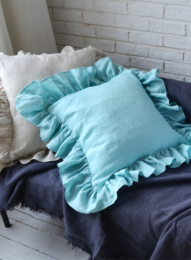 定制ins法国麻飘逸荷叶边抱枕套 亚麻欧式唯美纯色水洗柔软方靠枕