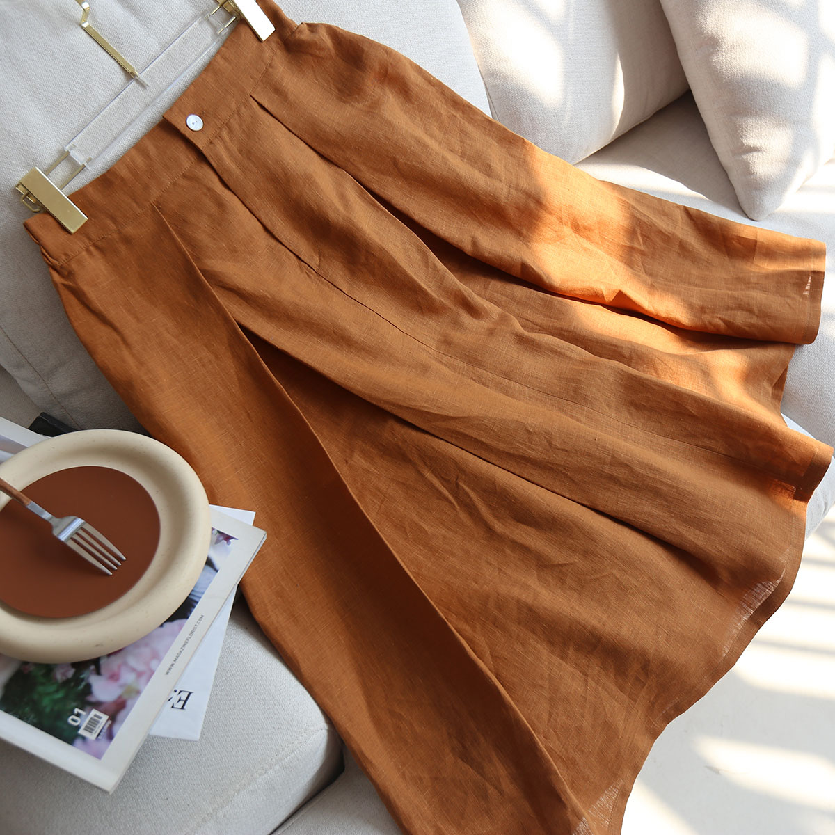 撩动法国亚麻收褶通勤风半身裙