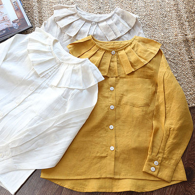 花瓣领复古风减龄长袖亚麻衬衣