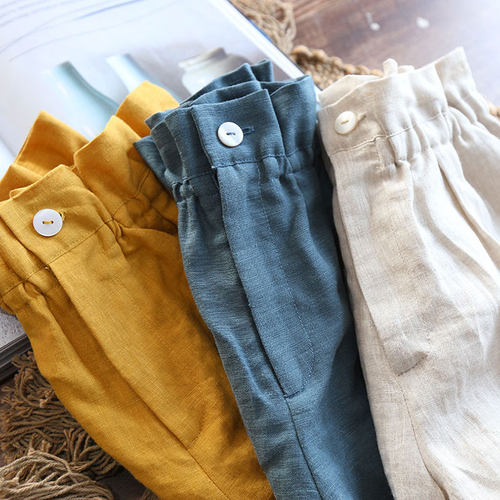 慵懒纯亚麻中高腰女士短裤